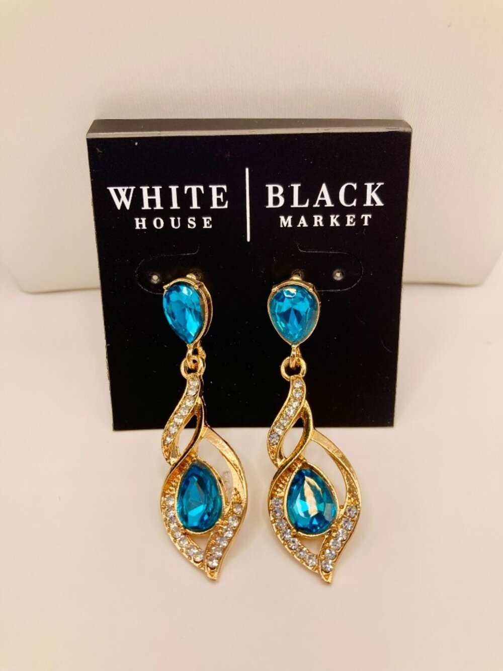 White House Black Market Gold-Tone Crystal Drop Earrings Blue Teardrop Gems -21B
